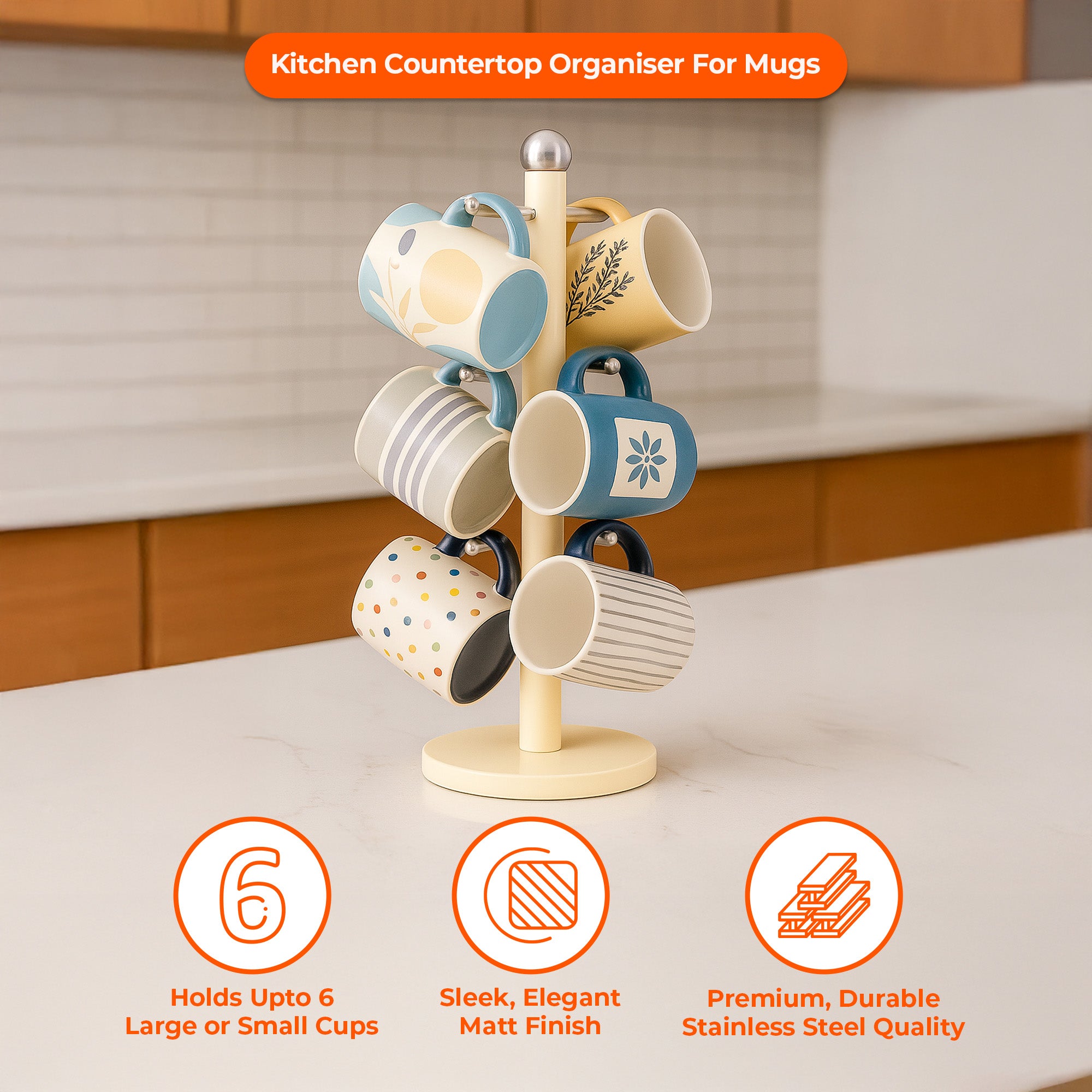 Kitchen Mug Tree Holder and Organiser with 6 Hooks