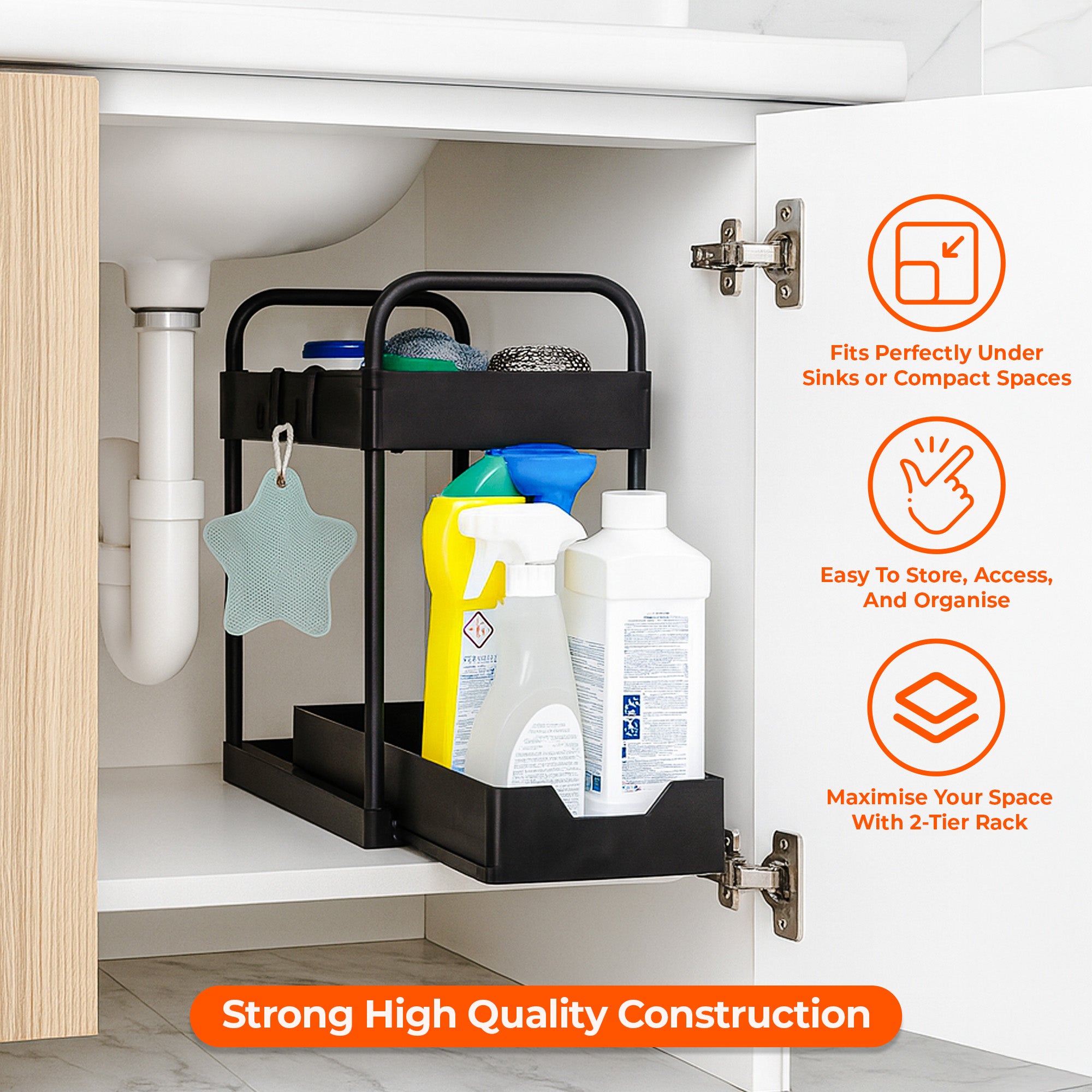 Under Sink Organiser with 4 Hooks and 2 Cup Holders