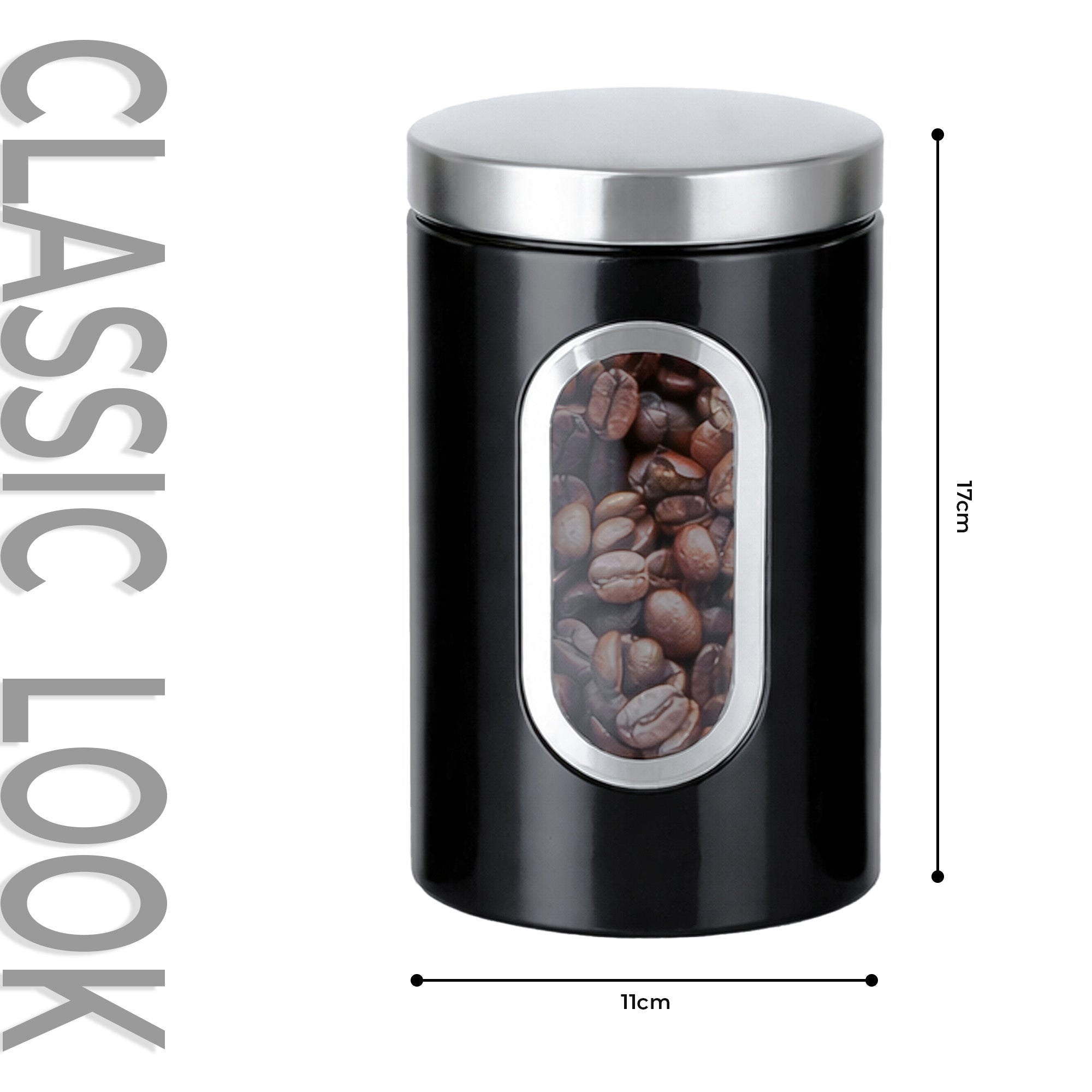Black coffee bean container with silver lid and window, showing coffee beans inside, on a white background.