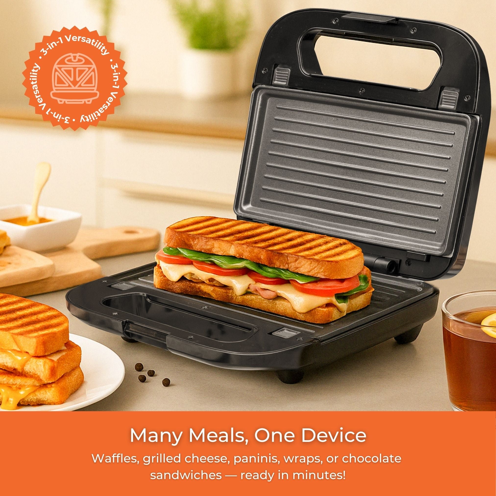 3-in-1 Snack Maker – Sandwich, Waffle & Grill Plates