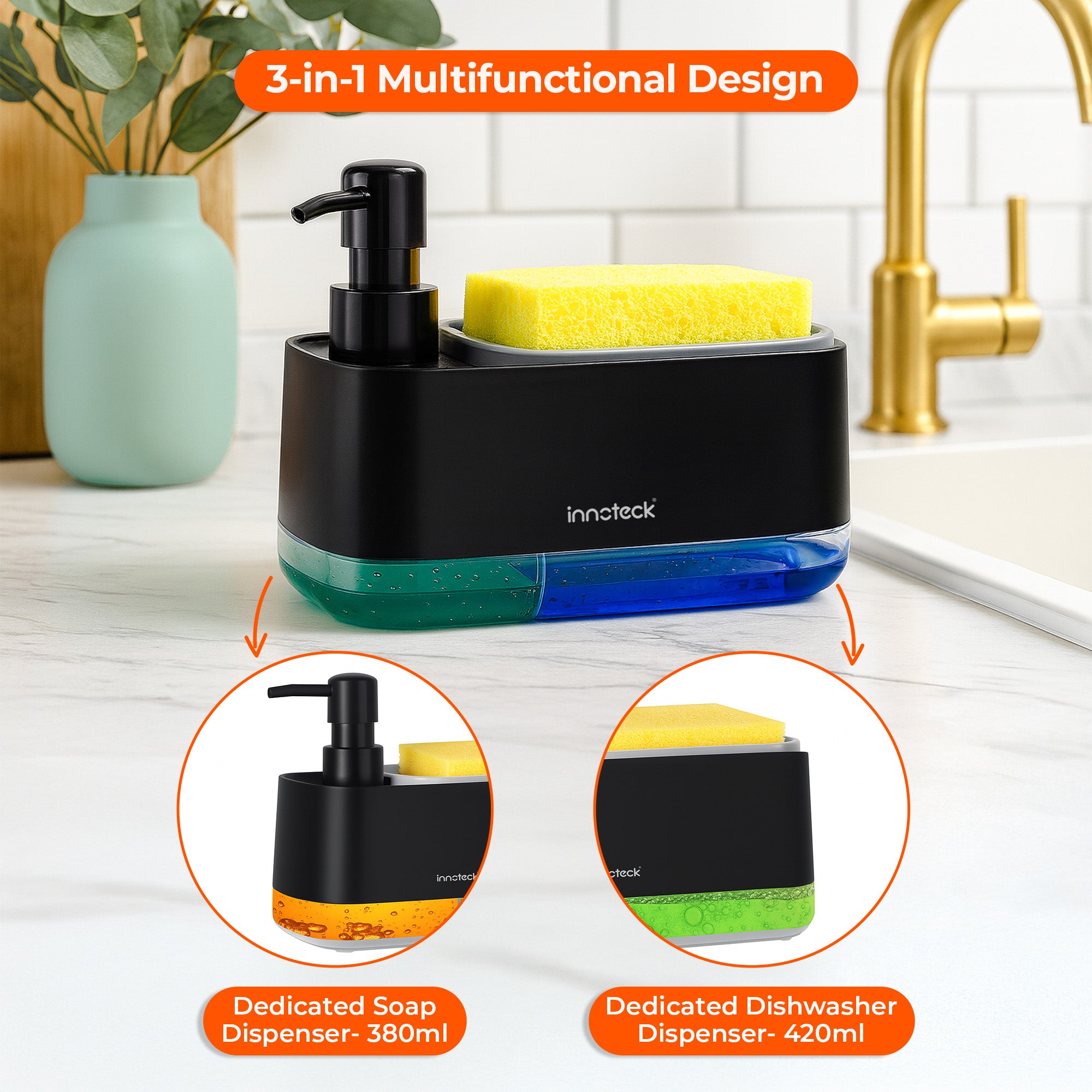 3-in-1 Soap and Dishwasher Dispenser with Sponge Holder