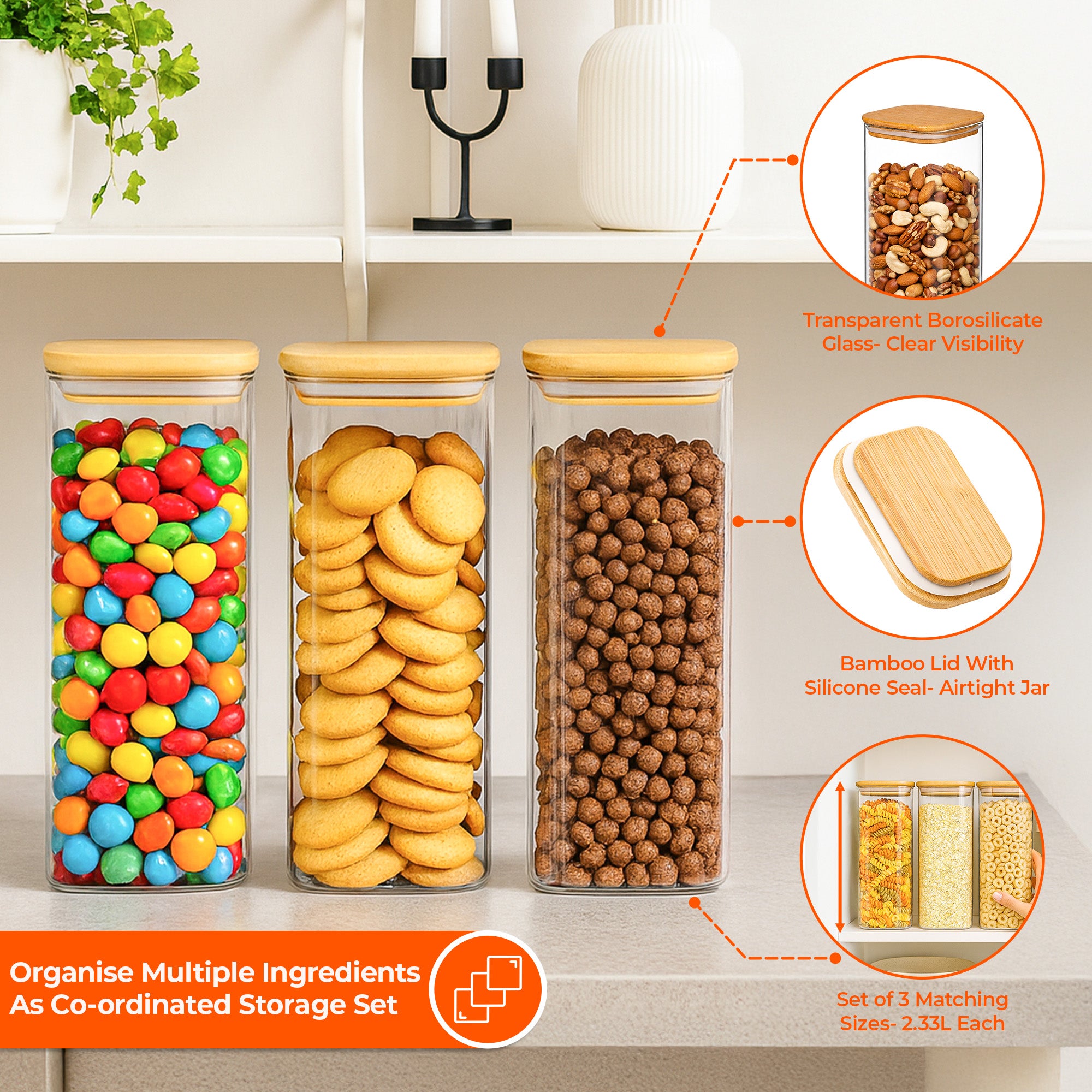3Pc Airtight Glass Canister Set with Bamboo Lids (2.3L x 3Pcs)