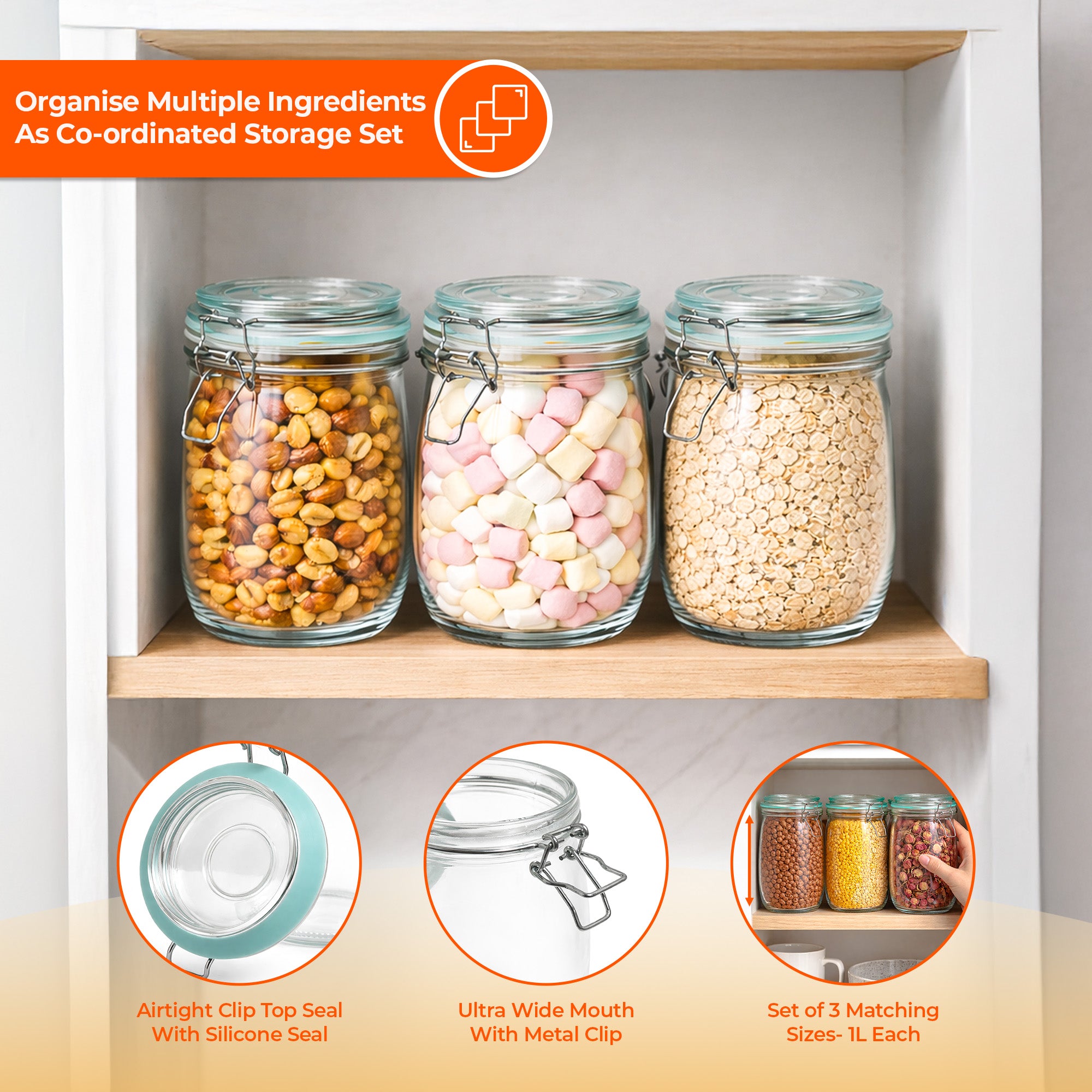 3Pc Airtight Glass Storage Jar Set with Clip Lock Lids (1L x 3Pcs)