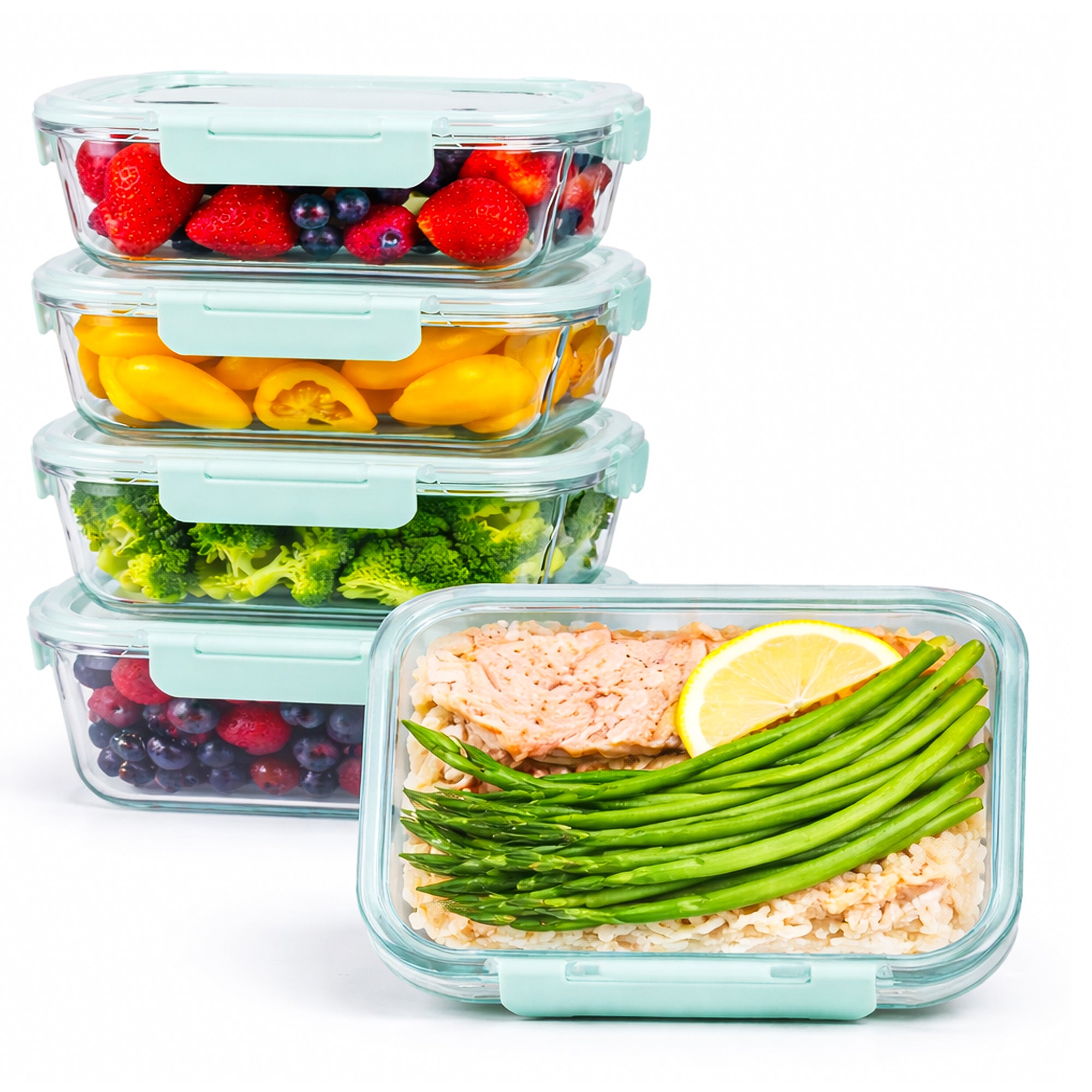 5 PC Glass Food Storage Container Set with Airtight Lids - Rectangle
