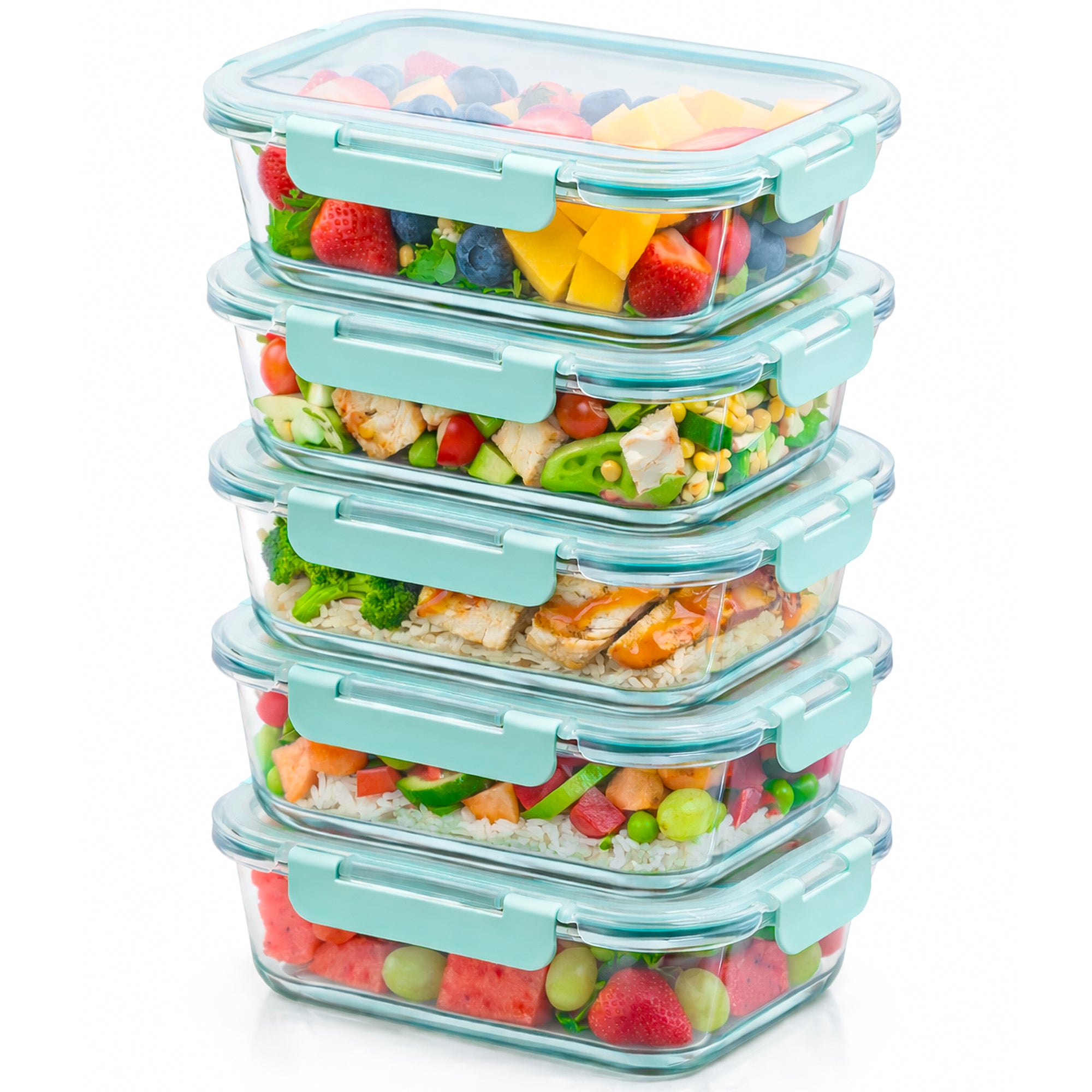 5 PC Glass Food Storage Container Set with Airtight Lids - Rectangle