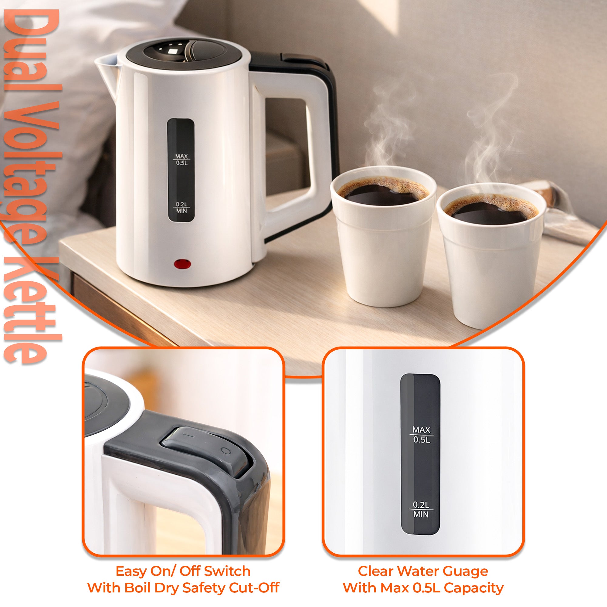 Portable 0.5L Mini Travel Kettle With Dual Voltage