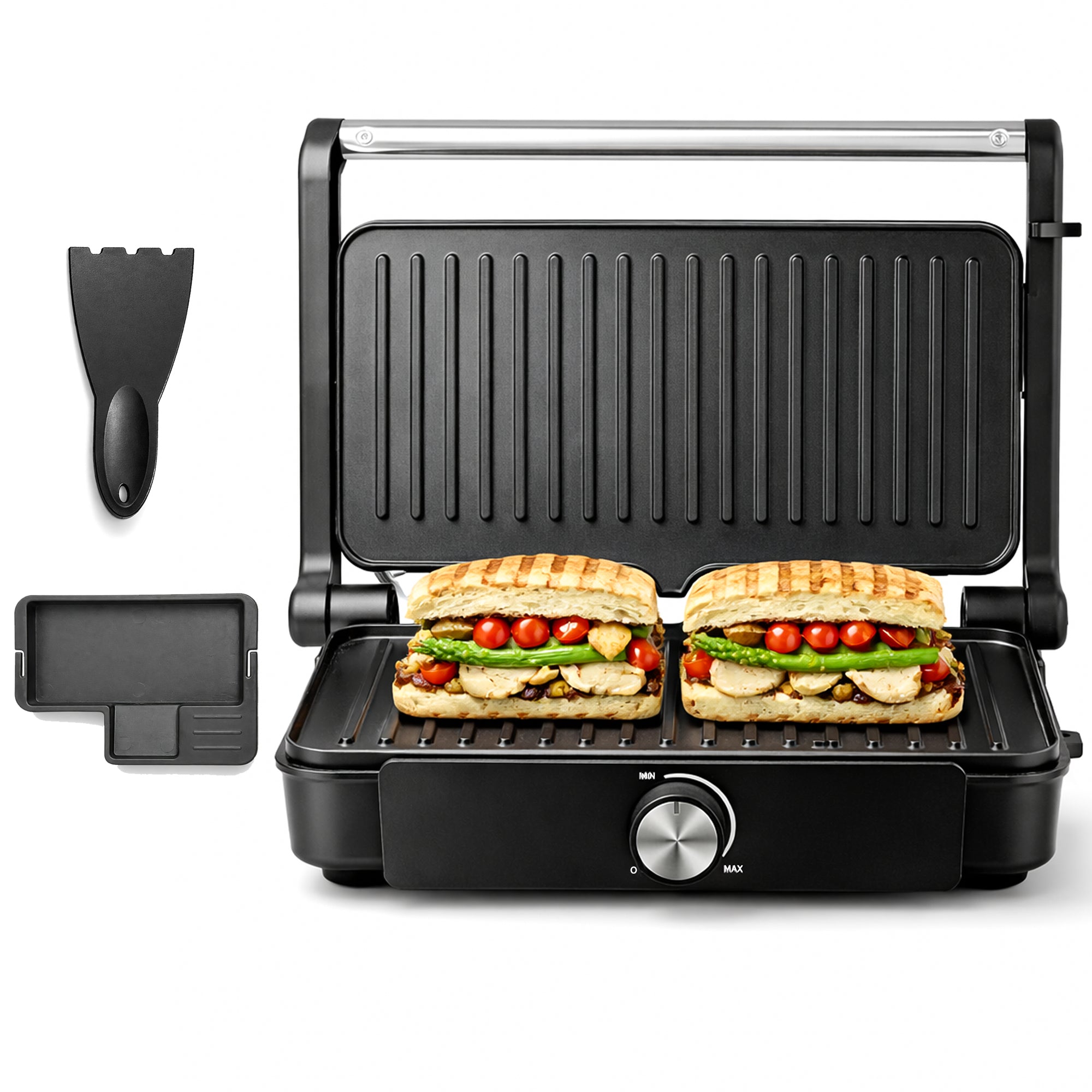 Electric contact grill panini press with sandwiches on nonstick plates