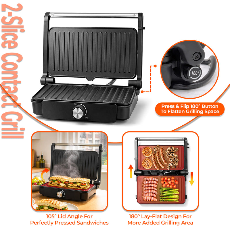 1200W panini press grill with dual sandwiches and adjustable knob