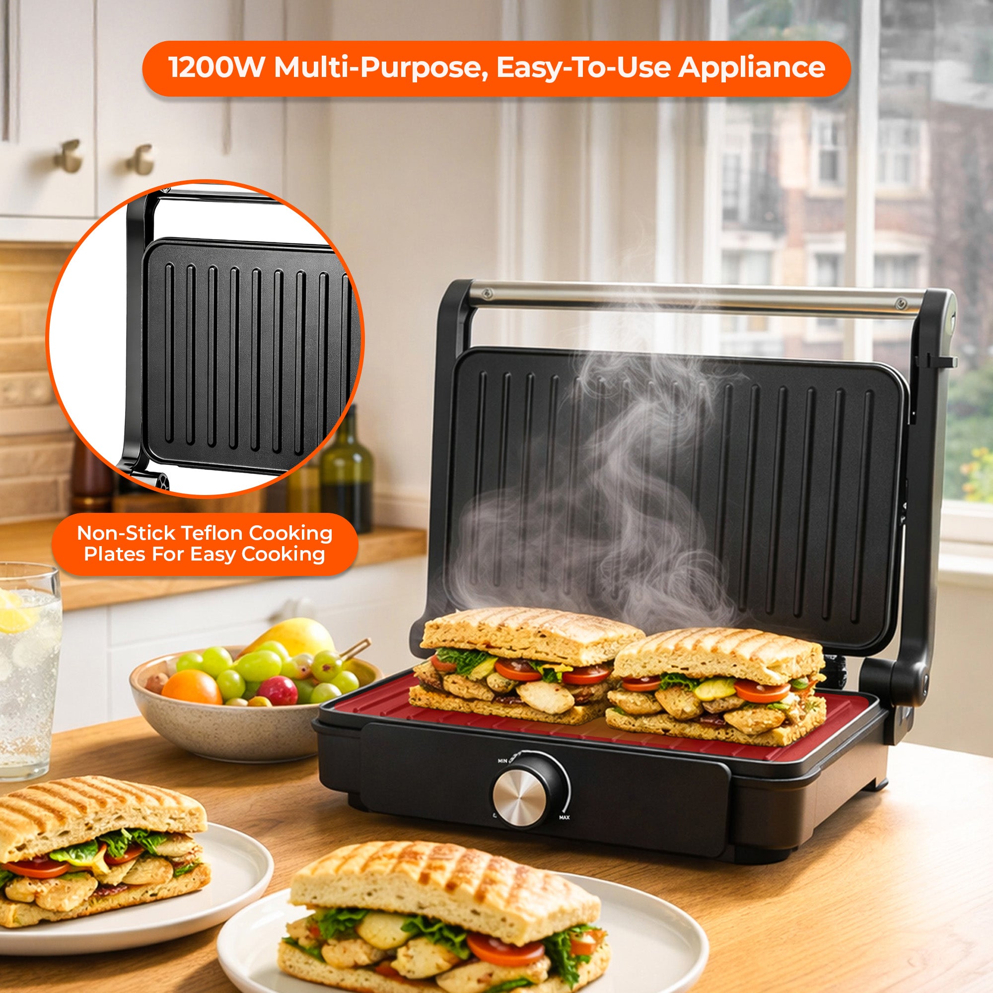 Multifunctional grill with sandwiches being cooked, set against a kitchen background.