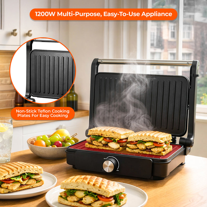 Multifunctional grill with sandwiches being cooked, set against a kitchen background.