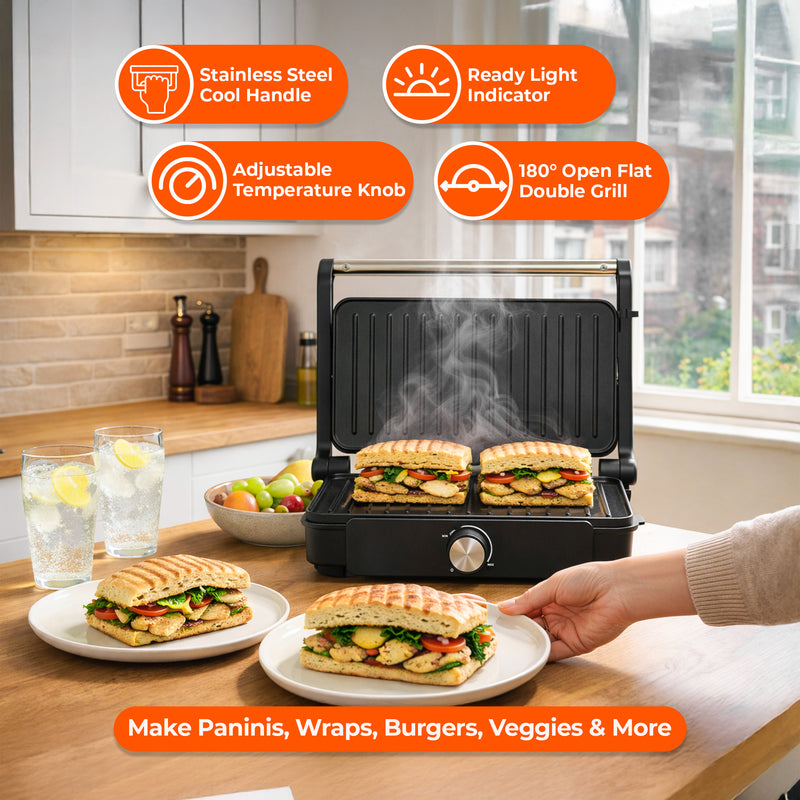 Electric grill being used to cook sandwiches in a kitchen setting with features highlighted.