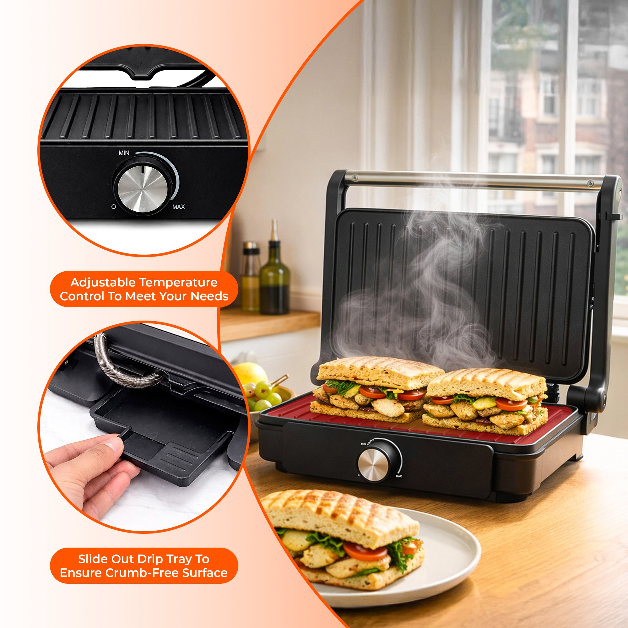 Electric sandwich maker with adjustable temperature control and slide-out drip tray, surrounded by ingredients and a plate of sandwiches.