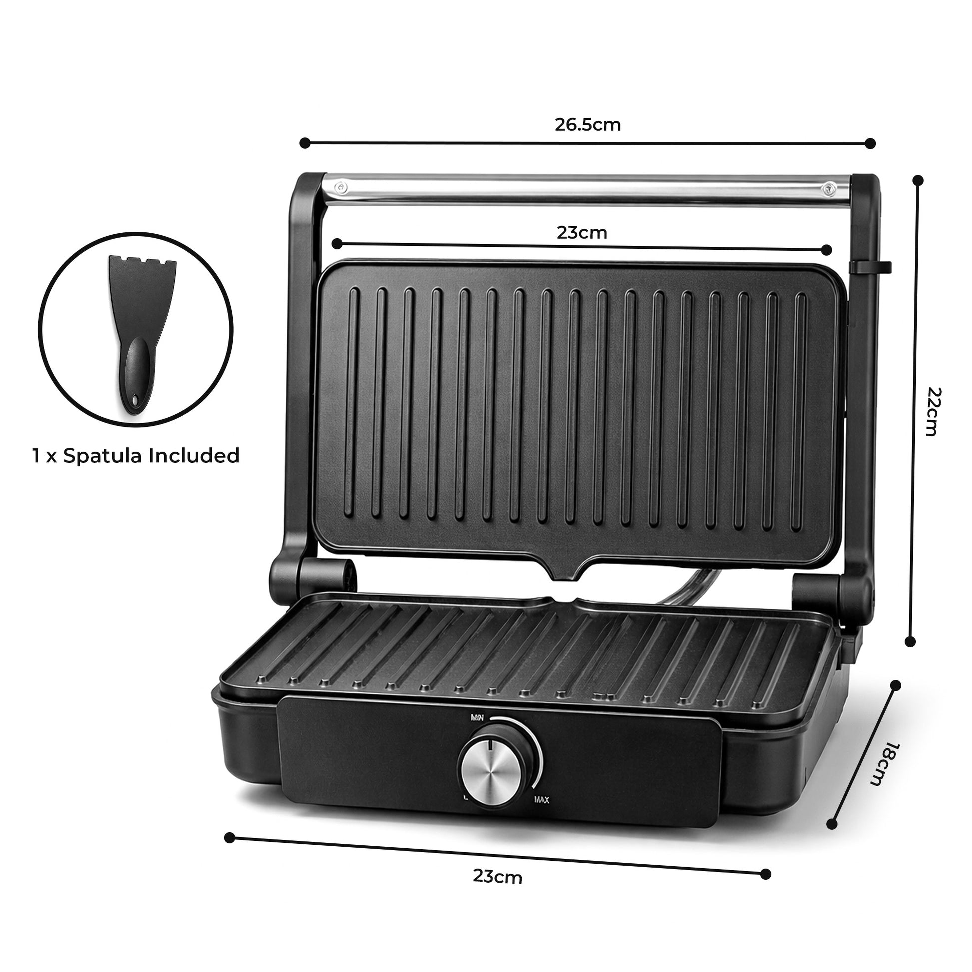 Black grill with dimensions and spatula included on a white background