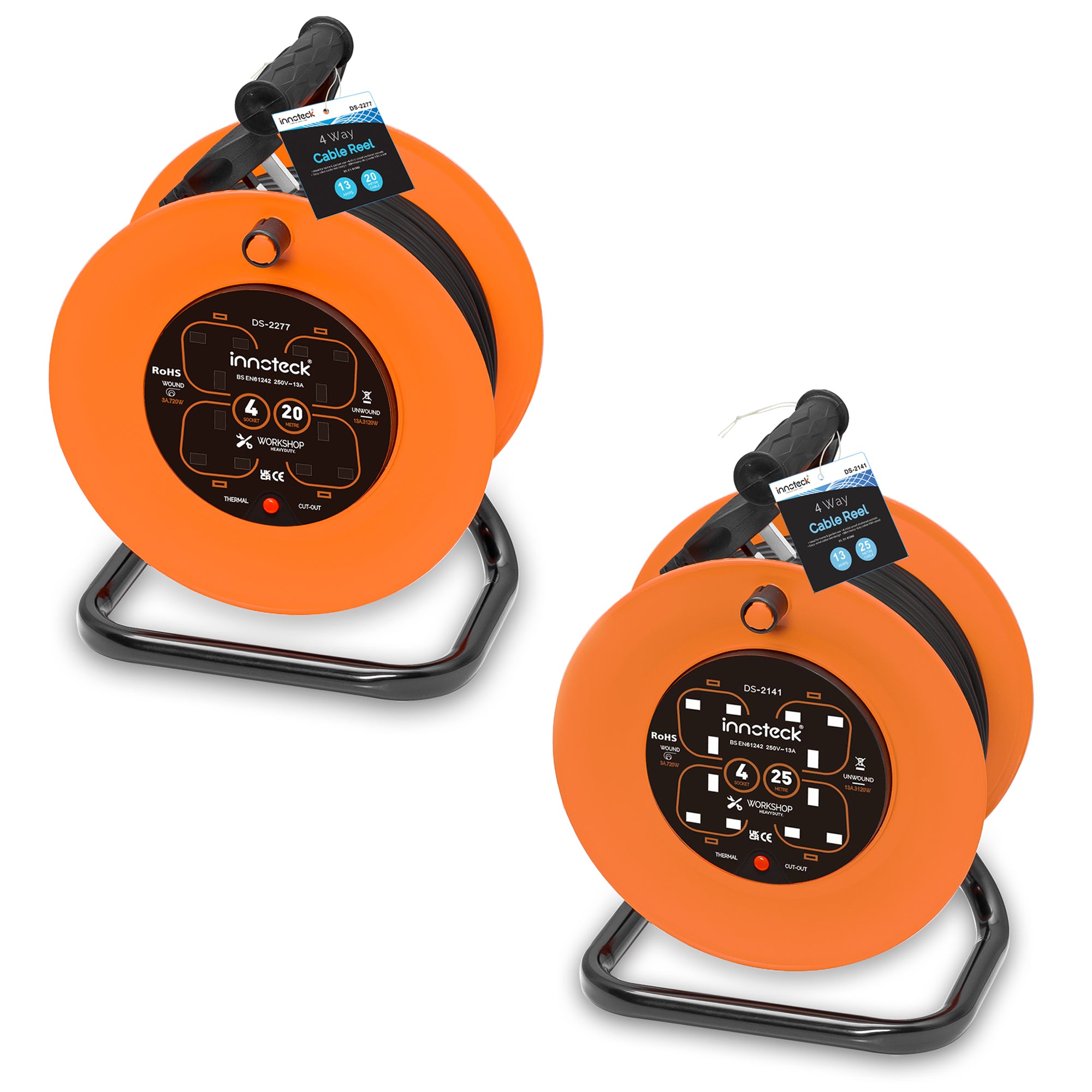 4 Way Master Plug 13A Open Drum Extension Cable Reel - 20M or 25M