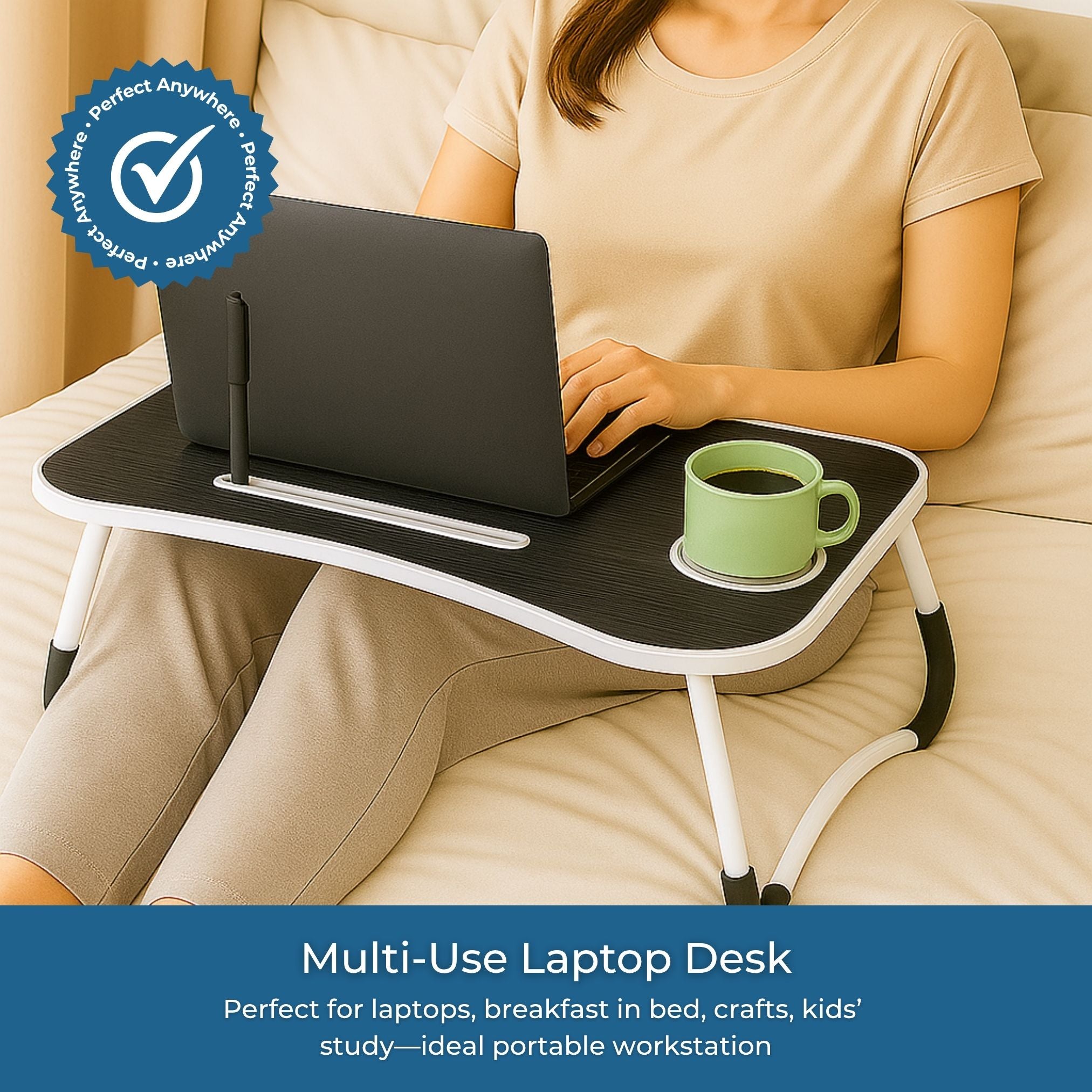 Portable Laptop Bed Table with Foldable Legs & Cup Holder