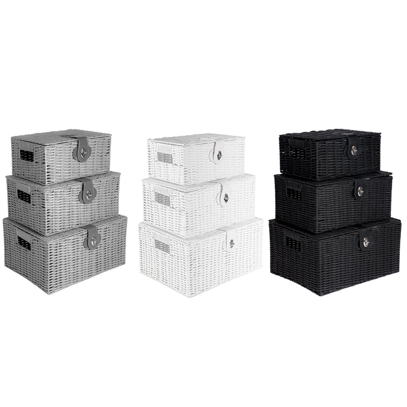 Set of 3 wicker storage baskets in black, white, and gray, each with a lid and lock.